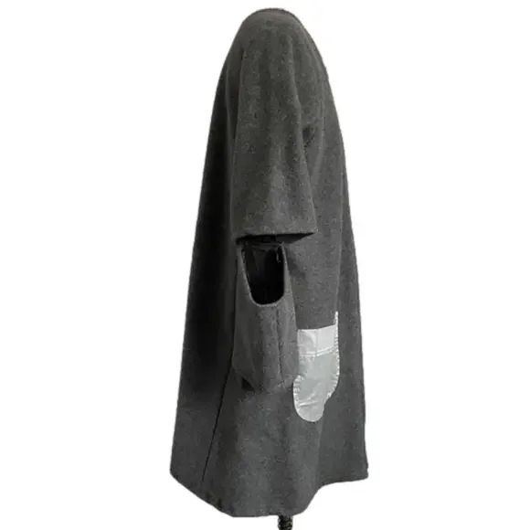 Handmade Gray Wool Elbow Cut-Out Embroidered Mid-Length Coat - 6/8, M, OOAK! - Picture 7 of 14